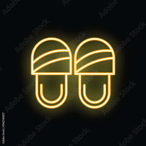Yellow glowing neon sign depicting a pair of slippers on a black background