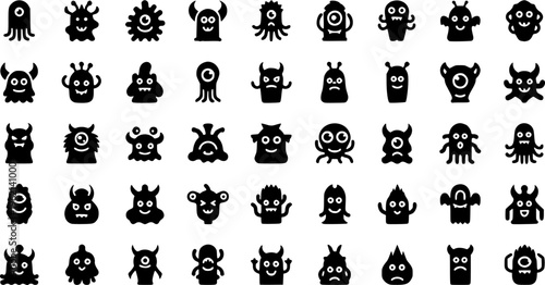Collection of minimalist black silhouette icons featuring cute monsters, aliens, and fantasy creatures, creative character design vector set isolated on white.