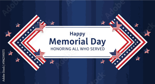 Patriotic Memorial Day design with stars and stripes elements on vibrant blue background, concept for holiday greetings, remembrance campaigns, and patriotic celebrations.