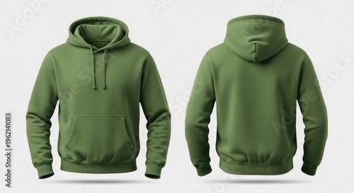 Front and back view of olive green hoodie apparel garment isolated