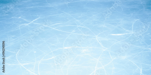 Light blue ice skating rink surface with deep white skate blade scratch marks