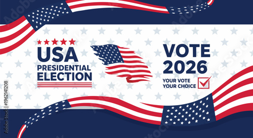 Patriotic USA flag design with text elements of Vote 2026, concept for election campaigns, political advocacy, and voting awareness.