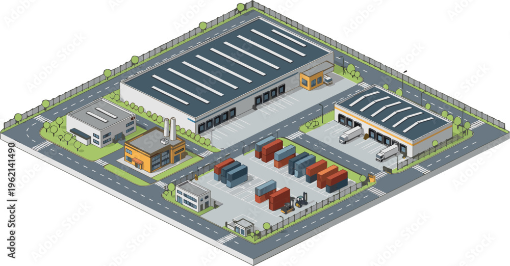 Obraz premium Isometric Industrial Park Illustration with Warehouses, Shipping Containers, and Logistics Trucks