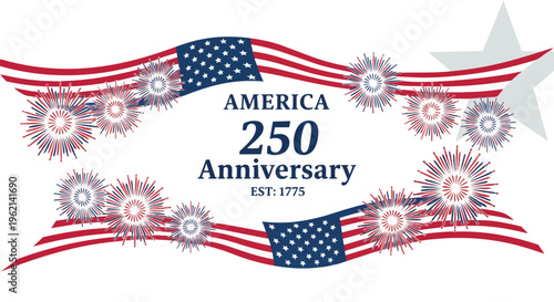 Stylized graphic with American flag waves, fireworks and 250th anniversary text on white, concept for patriotic celebrations, historical events and national pride.