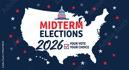 US map silhouette with "Midterm Elections 2026" text and red/white stars on dark blue, suitable for political campaigns, election promotions, and voter education.