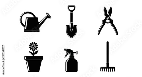 Gardening Tools and Plant Icons Set: Watering Can, Shovel, Pruners, Potted Flower, Sprayer, Rake