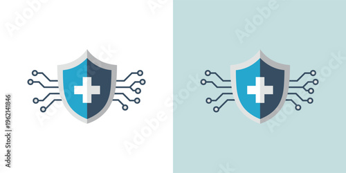 Digital health protection icon featuring a shield with a medical cross and integrated circuit elements, symbolizing secure healthcare technology and cyber medical safety