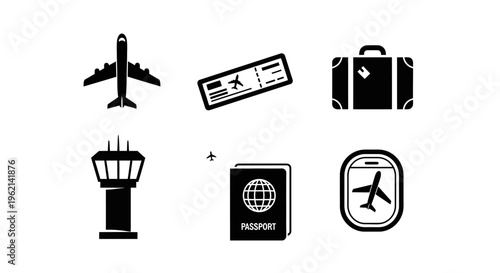 Travel Icons: Airplane, Passport, Suitcase, Ticket, Control Tower, Window View