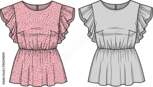 Women blouse design vector, ruffle sleeve top, pink pattern and plain fabric, fashion apparel illustration, clothing mockup, trendy summer outfit collection