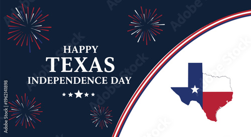 Vibrant design celebrating Texas Independence Day, featuring fireworks, state flag, and patriotic elements, ideal for greeting cards, social media posts, and event promotions.