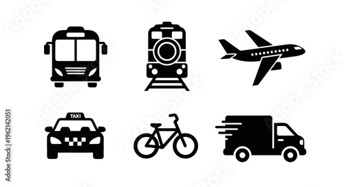 Set of Transportation Icons: Bus, Train, Airplane, Taxi, Bicycle, Truck