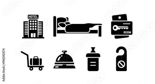 Hotel Icons Set: Building, Bed, Key Card, Luggage Cart, Bellhop Bell, Amenities, Do Not Disturb Sign
