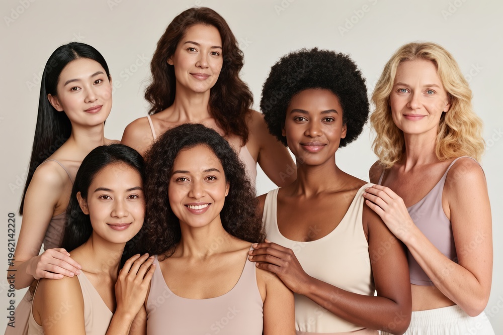 Obraz premium A vibrant, diverse group of women proudly showcasing their natural beauty and confidence while standing together