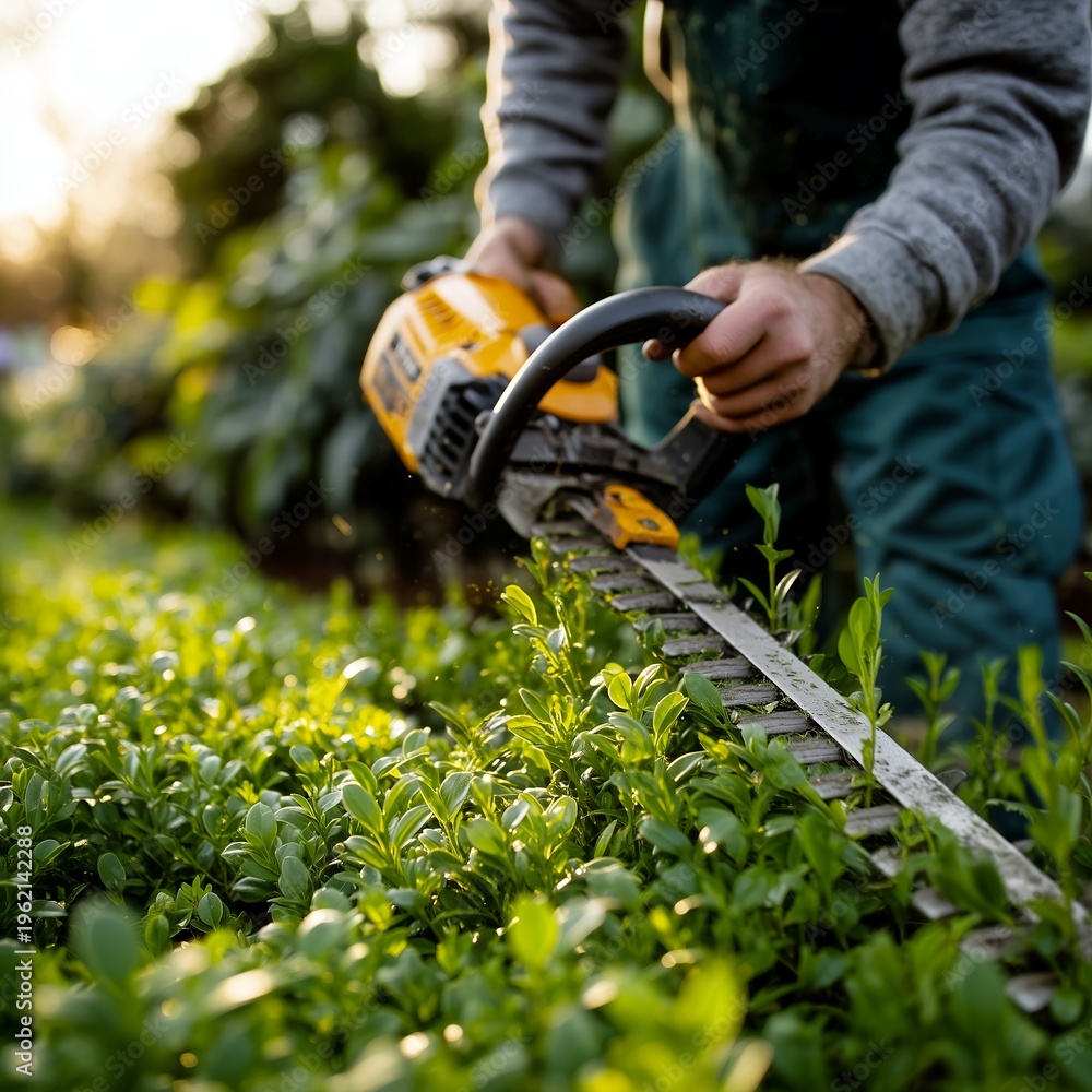 Obraz premium Landscaper trimming ornamental hedge with electric hedge trimmer