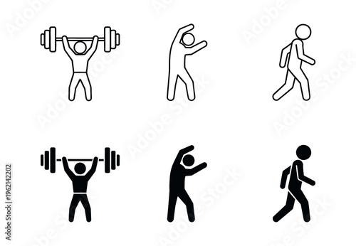 Stick figures engaging in various exercise activities with dumbbells