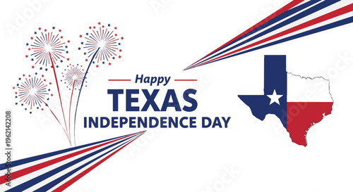 Vibrant illustration celebrating Texas Independence Day, featuring fireworks, flag elements, and text on white, ideal for patriotic promotions, event announcements, and holiday greetings.