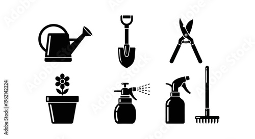 Gardening Tools Set Icons: Watering Can, Shovel, Pruners, Plant Pot, Sprayer, Broom