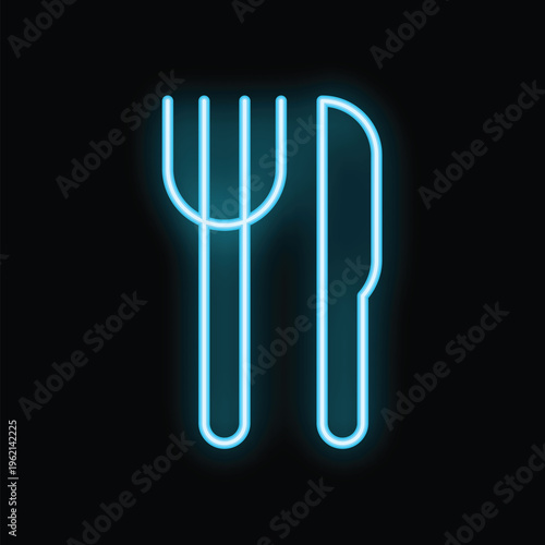 Blue neon sign displaying restaurant cutlery, a fork and a knife, on a black background