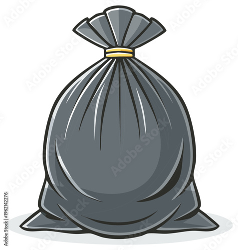 Cartoon Style Black Trash Bag Full of Waste Tied with Yellow Twist Tie