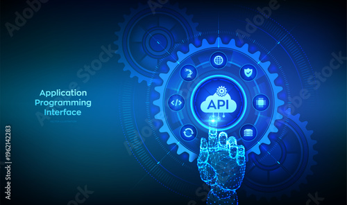 Application Programming Interface. API. Software development tool, cloud computing technology concept. Hand touching digital interface with interconnected gears and icons. Vector illustration.