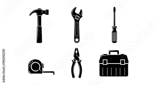Set of Black and White Icons: Tools and Toolbox for DIY, Repair, and Construction