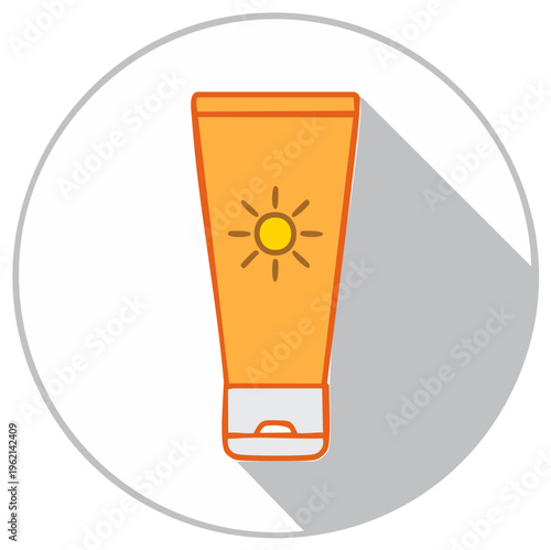 Orange sunscreen lotion tube with sun icon for summer skin protection flat design