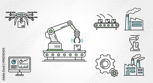 Industrial automation and manufacturing technology icons including robotic arm drone factory and computer screen with graphs