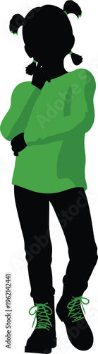 Little girl silhouette standing shy pose casual outfit vector illustration isolated on white background child lifestyle innocence cute kid design