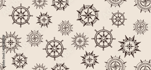 Compass pattern on white, Wind rose, hand drawn Illustration.	
