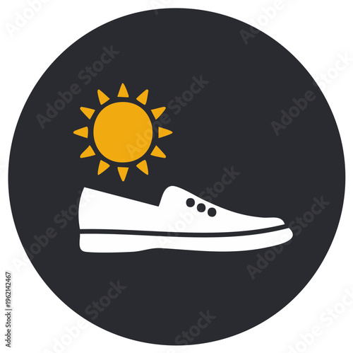 Stylized graphic of a white loafer shoe and a sun icon on a dark background
