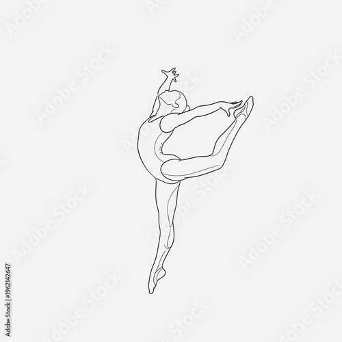 Minimalist ballet dancer line art vector, elegant rhythmic gymnastics silhouette, graceful female ballerina performing a jump in leotard