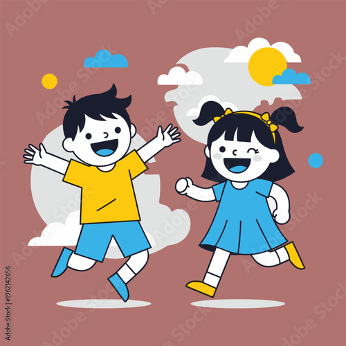 Vibrant illustration of happy children enjoying outdoor play, capturing the essence of childhood, friendship, and carefree moments under a bright sky