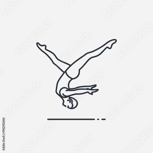 Minimalist gymnastics logo vector, blue line art gymnast performing handstand in circle, athletic female figure doing acrobatic split