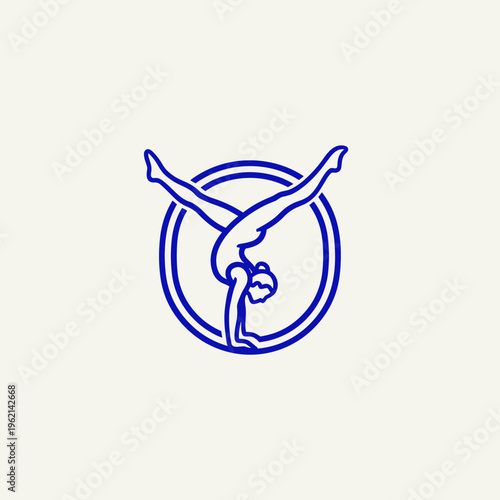 Minimalist gymnastics logo vector, blue line art gymnast performing handstand in circle, athletic female figure doing acrobatic split
