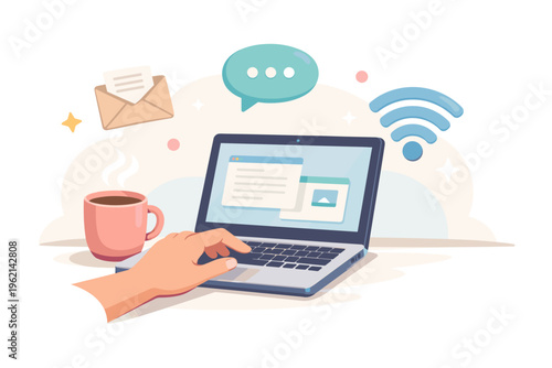 Remote Work Concept with Laptop, Online Communication and Digital Workspace Illustration