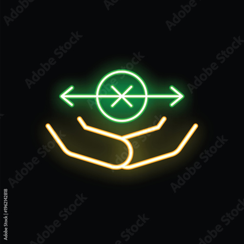 Neon icon representing the concept of equilibrium with two hands holding a circle crossed by a double arrow