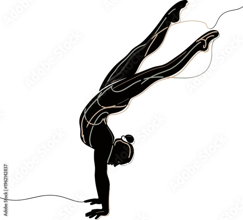 Minimalist gymnast silhouette vector, female athlete performing handstand on one line, artistic gymnastics figure in black and white