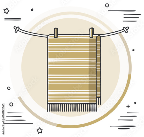 Towel hanging on a clothesline, simple geometric vector illustration.