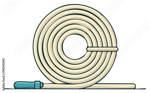 Coiled garden hose with blue nozzle and off-white tubing isolated on white