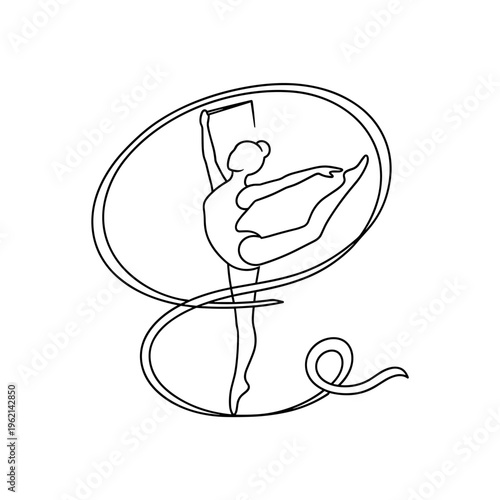 Minimalist rhythmic gymnastics line art, graceful gymnast performing with ribbon, continuous line drawing of female athlete in motion