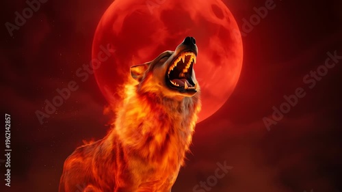 Fiery Wolf Howling at a Large Blood Moon Fantasy Art