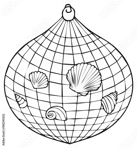 Collection of seashells in a net bag line art illustration a coloring page for beach and ocean themes