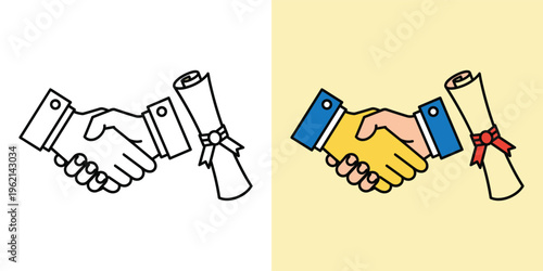 Professional agreement and academic achievement represented by a handshake and diploma icon, symbolizing successful collaboration and educational completion