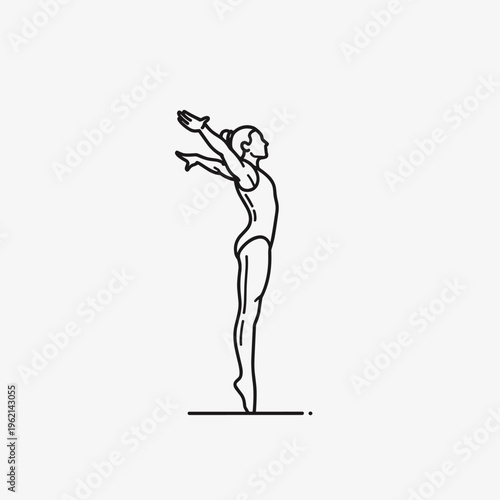 Minimalist gymnast line art vector, female athlete performing artistic gymnastics pose, black and white sports illustration for fitness branding