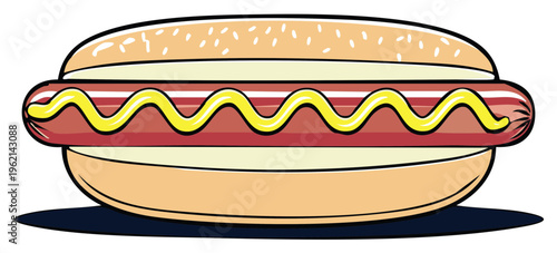 Delicious Cartoon Hotdog with Mustard in a Toasted Bun ready to eat and enjoy for lunch or dinner fast food treat