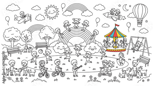 Kids playground coloring book page with children and park activities.