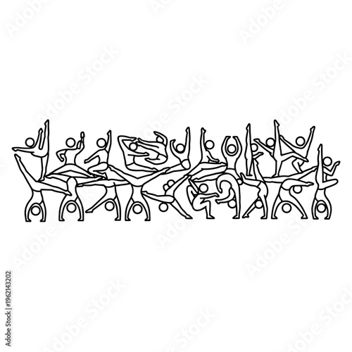 Minimalist yoga stick figure border, black line art athletes in gymnastic poses, fitness and wellness vector illustration for studio branding