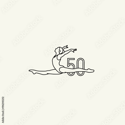 Minimalist line art gymnast performing a split jump, elegant rhythmic gymnastics silhouette with number 50, athletic female figure vector illustration