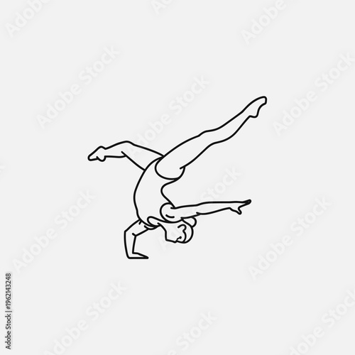 Minimalist gymnast line art vector, female athlete performing handstand floor exercise, rhythmic gymnastics silhouette on white background