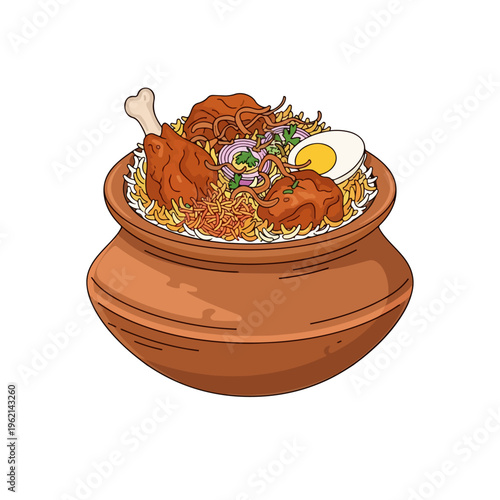 Traditional Hyderabadi Dum Biryani in Clay Pot Vector Illustration